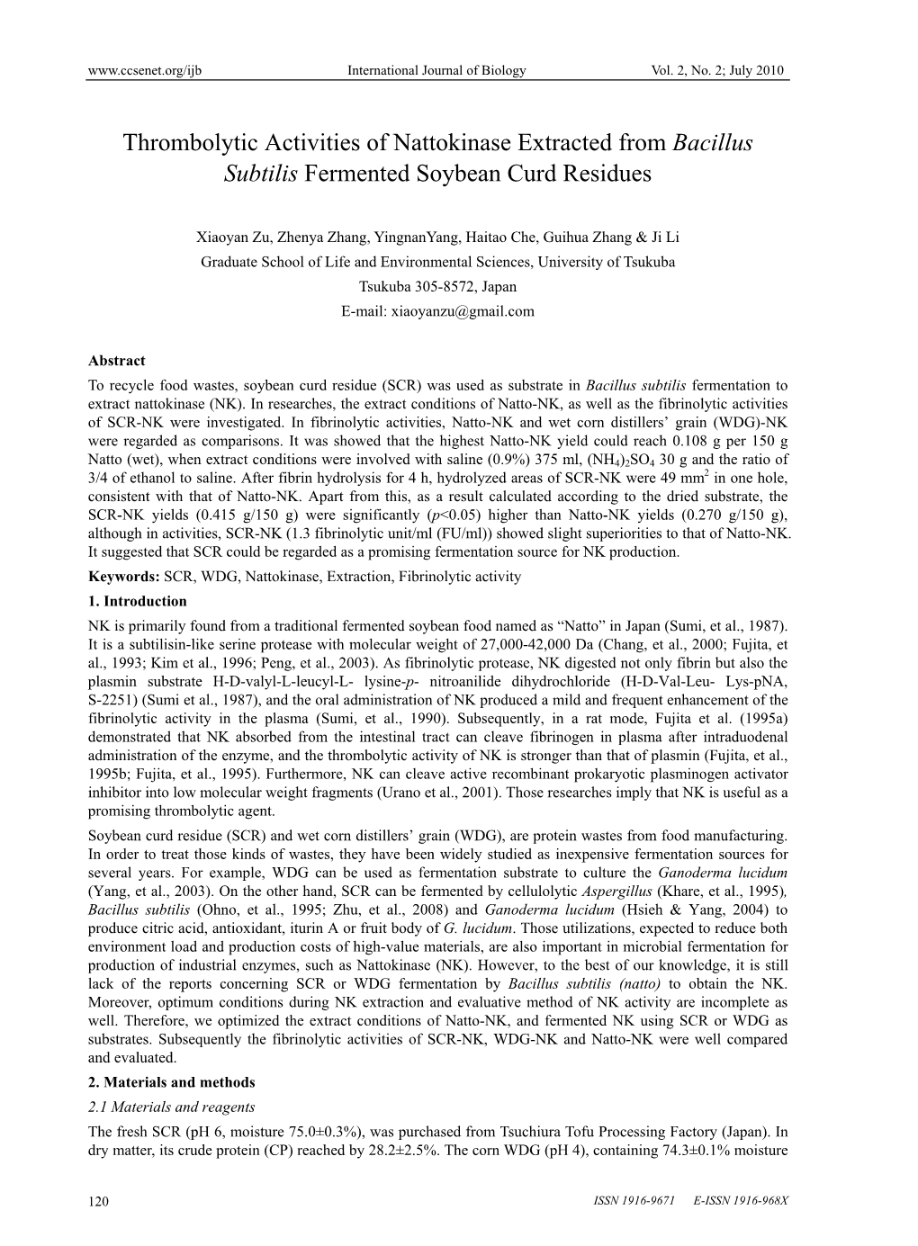 Thrombolytic Activities of Nattokinase Extracted from Bacillus Subtilis Fermented Soybean Curd Residues