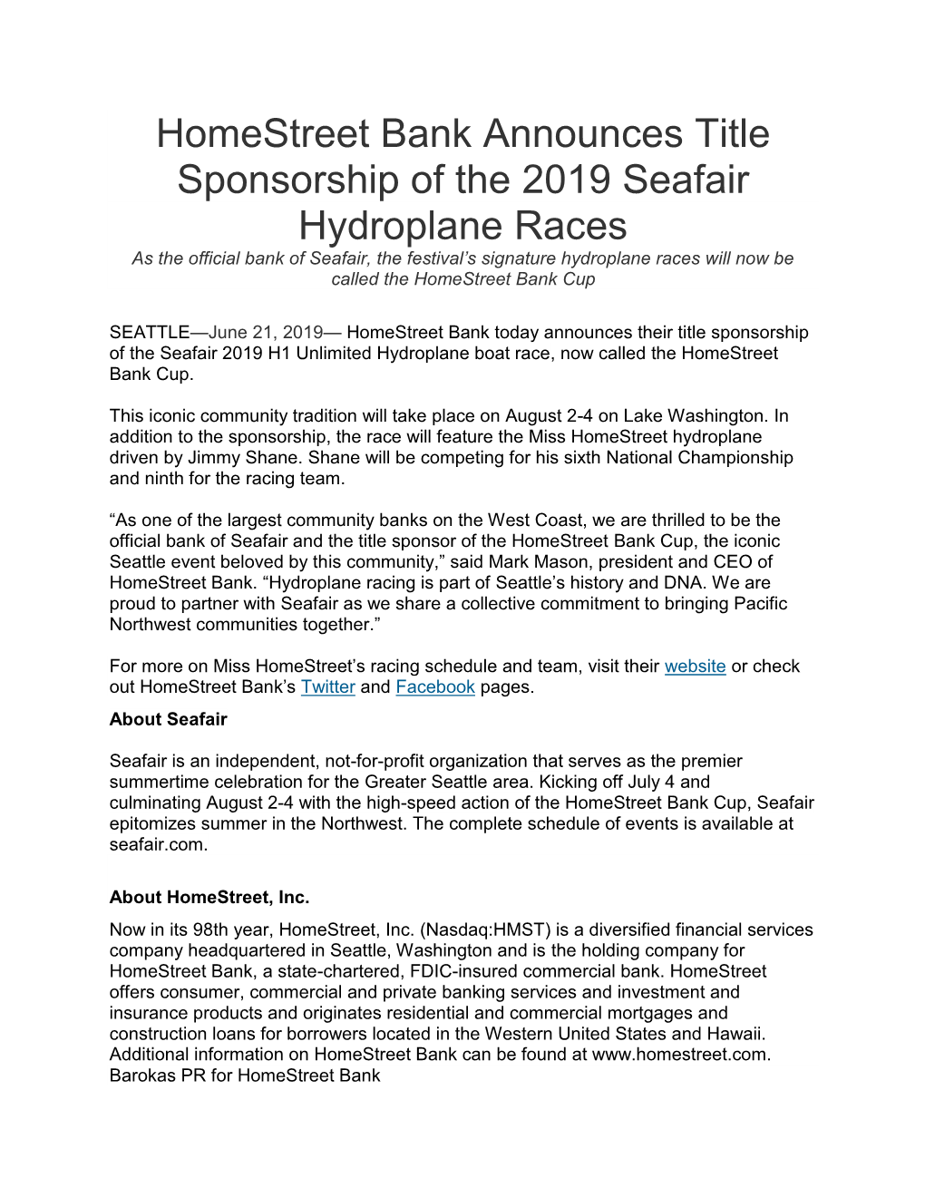 Homestreet Bank Announces Title Sponsorship of the 2019 Seafair