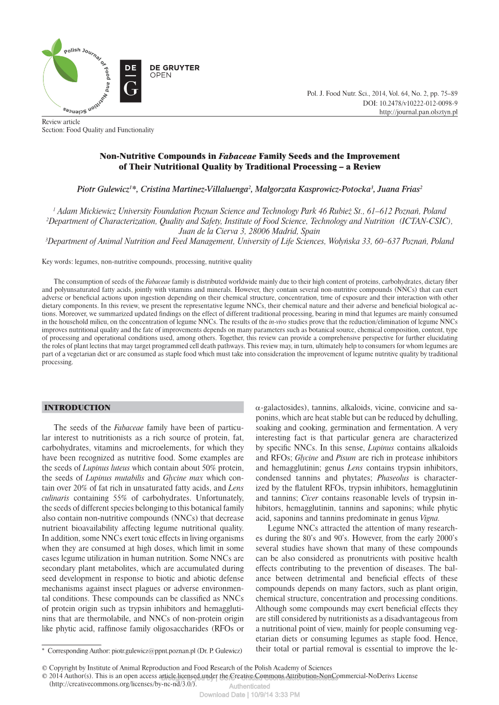 Non-Nutritive Compounds in Fabaceae Family Seeds and the Improvement of Their Nutritional Quality by Traditional Processing – a Review