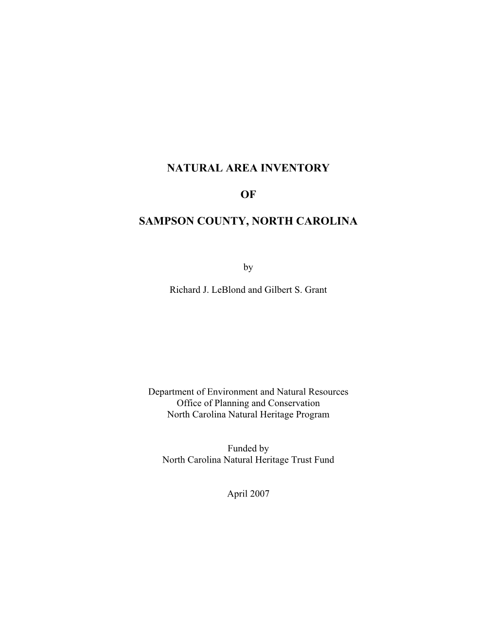 Natural Area Inventory of Sampson County, North