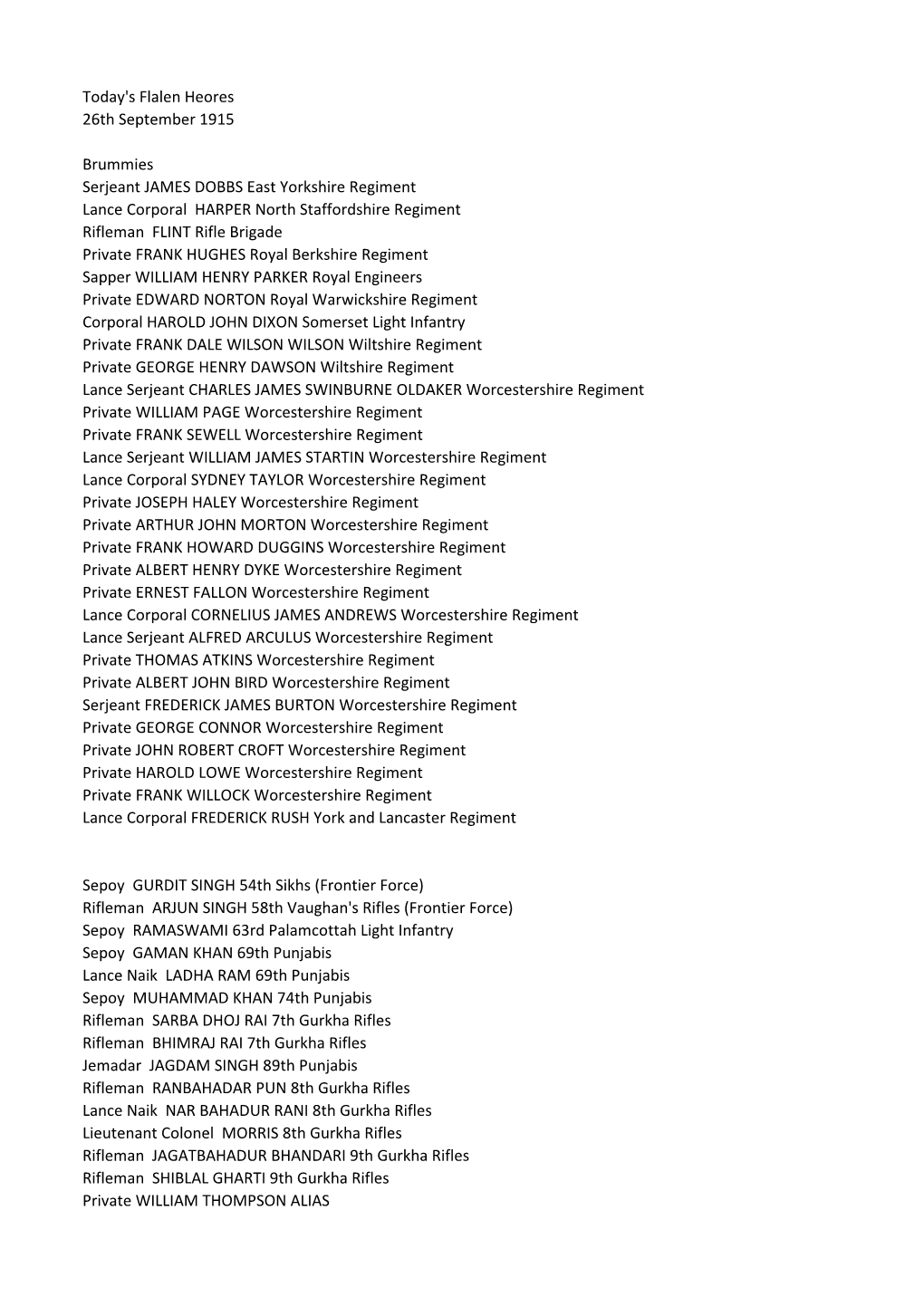 Today's Flalen Heores 26Th September 1915 Brummies Serjeant JAMES DOBBS East Yorkshire Regiment Lance Corporal HARPER North