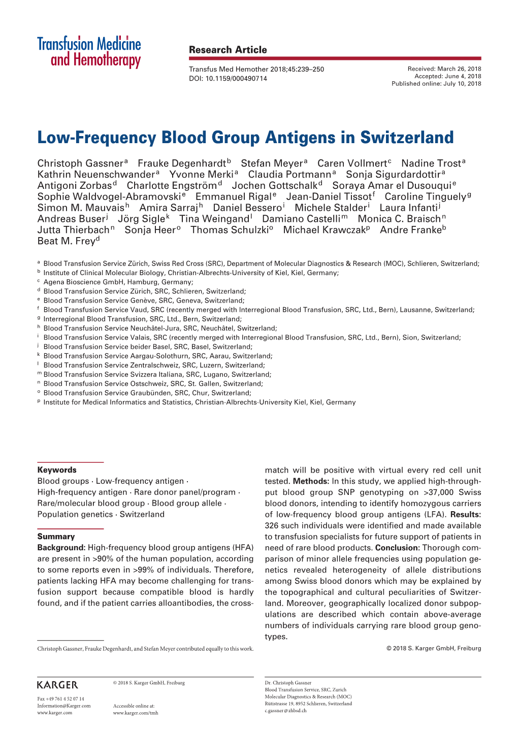 Low-Frequency Blood Group Antigens in Switzerland