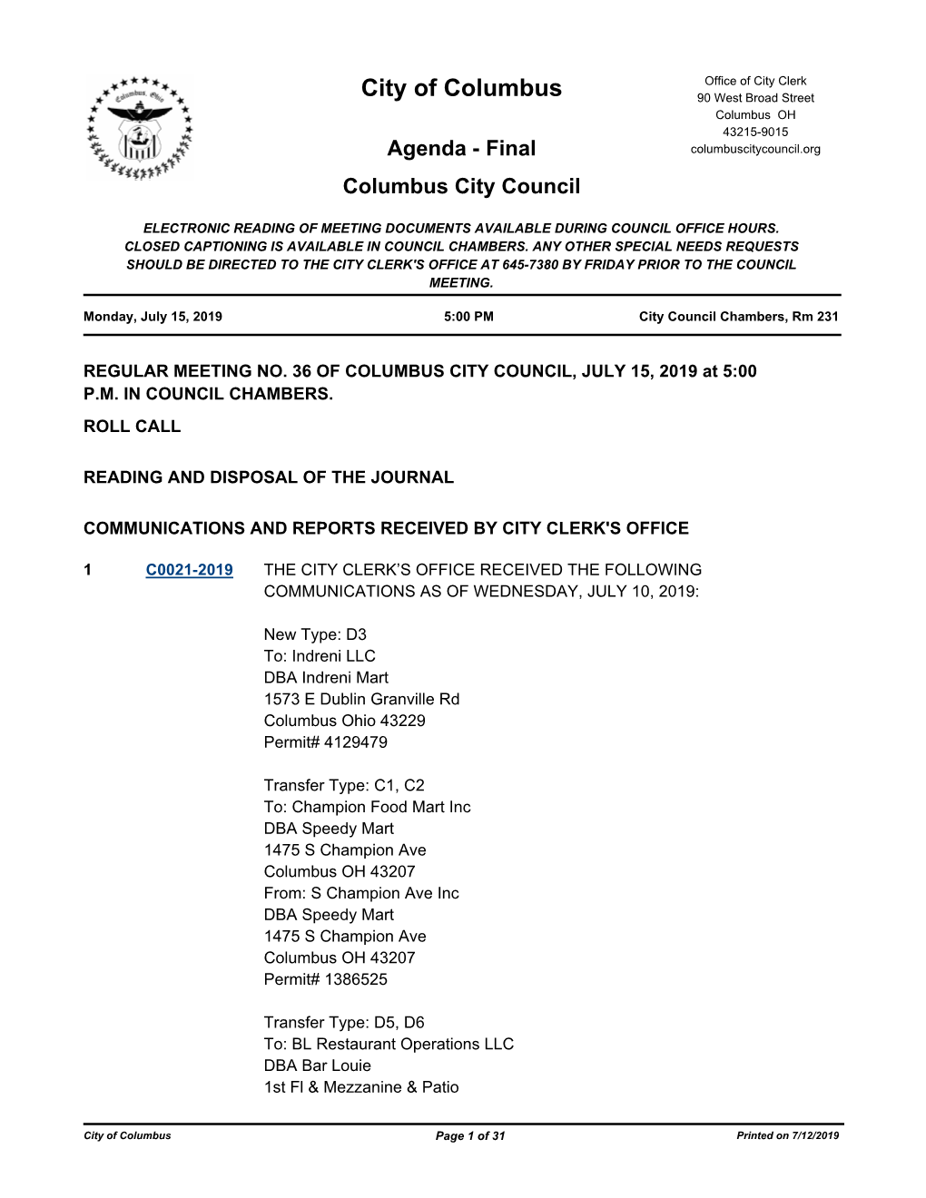 City of Columbus 90 West Broad Street Columbus OH 43215-9015 Agenda - Final Columbuscitycouncil.Org Columbus City Council