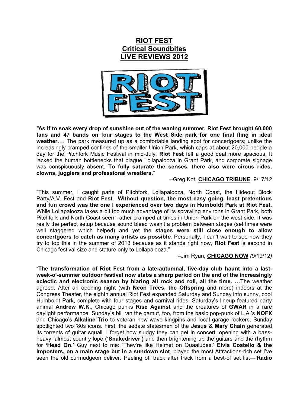 RIOT FEST Critical Soundbites LIVE REVIEWS 2012