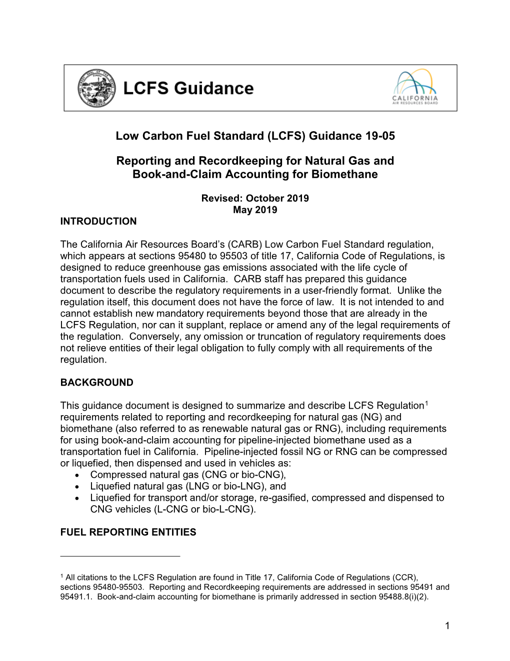 Low Carbon Fuel Standard (LCFS) Guidance 19-05