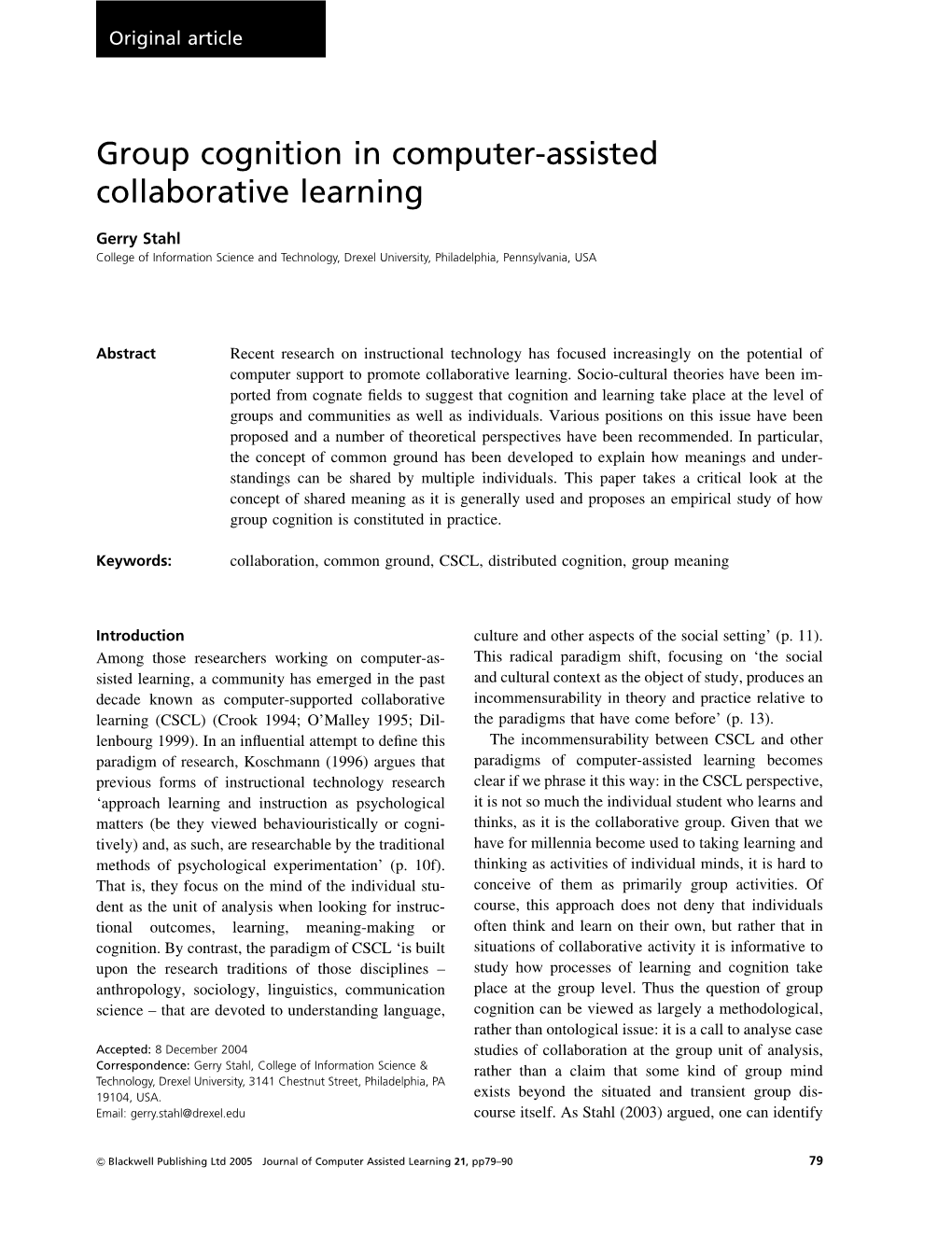 Group Cognition in Computer-Assisted Collaborative Learning