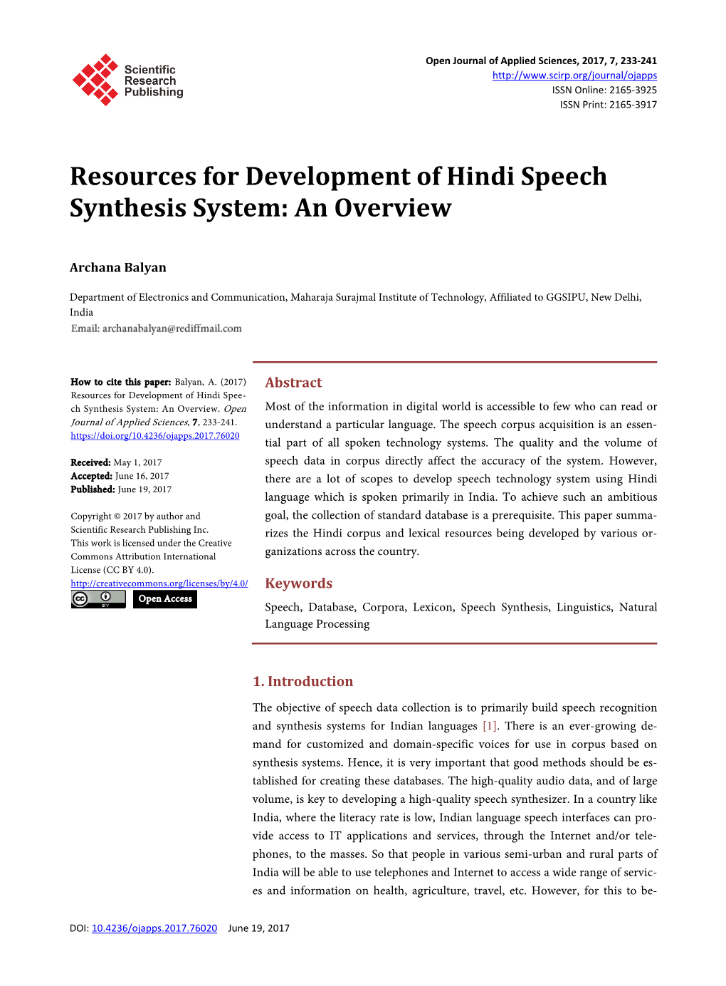 Resources for Development of Hindi Speech Synthesis System: an Overview