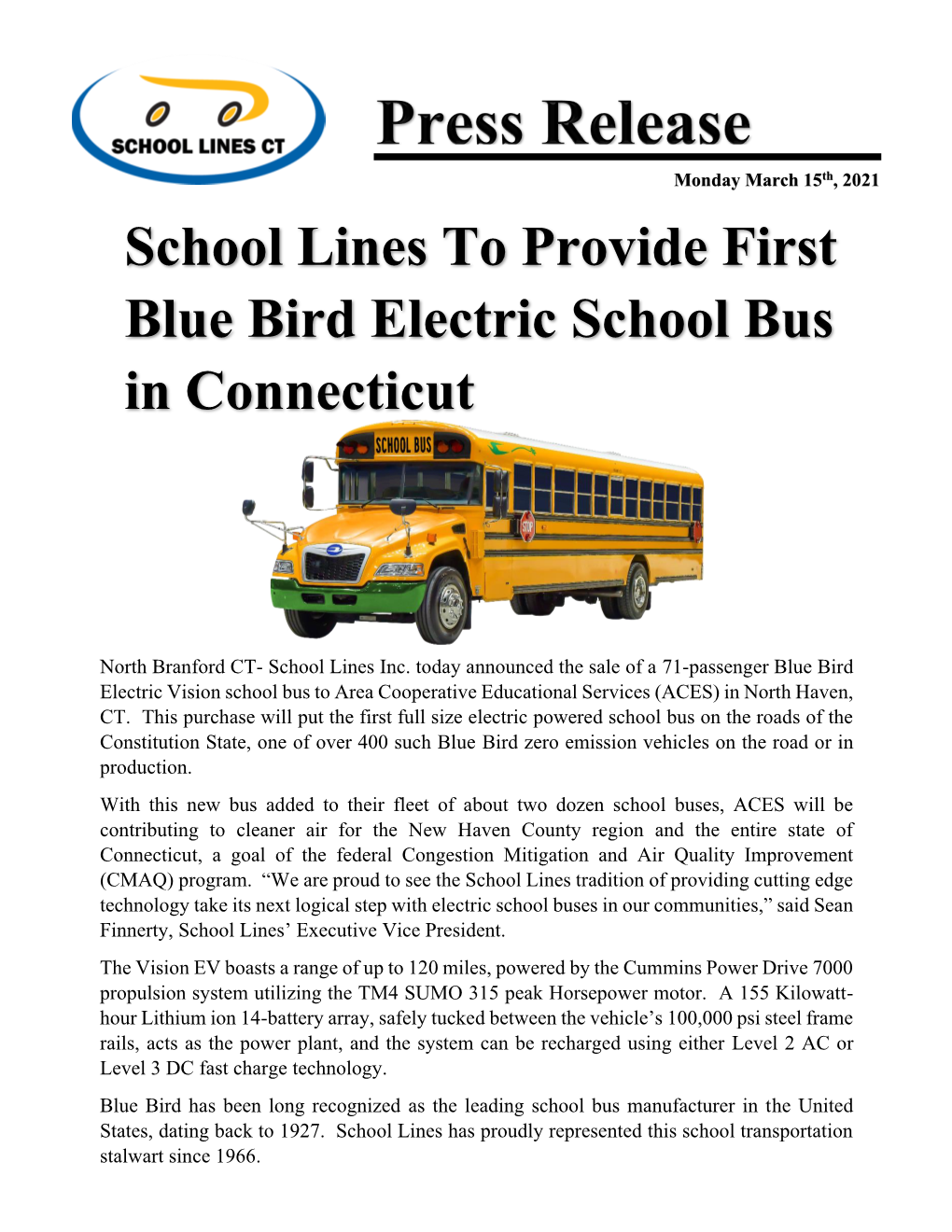 School Lines to Provide First Blue Bird Electric School Bus in Connecticut