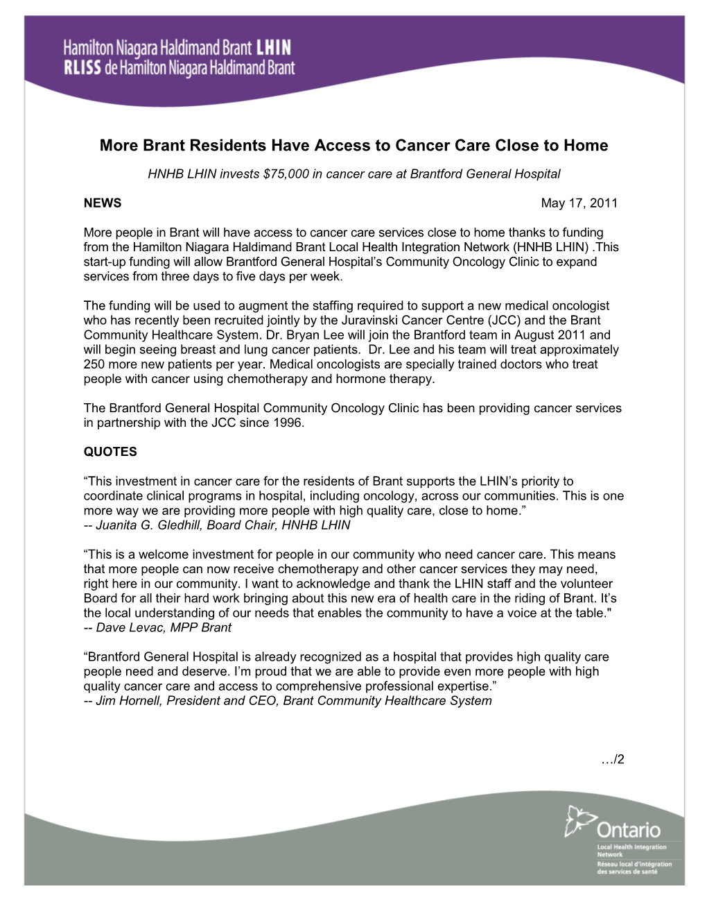 More Brant Residents Have Access to Cancer Care Close to Home