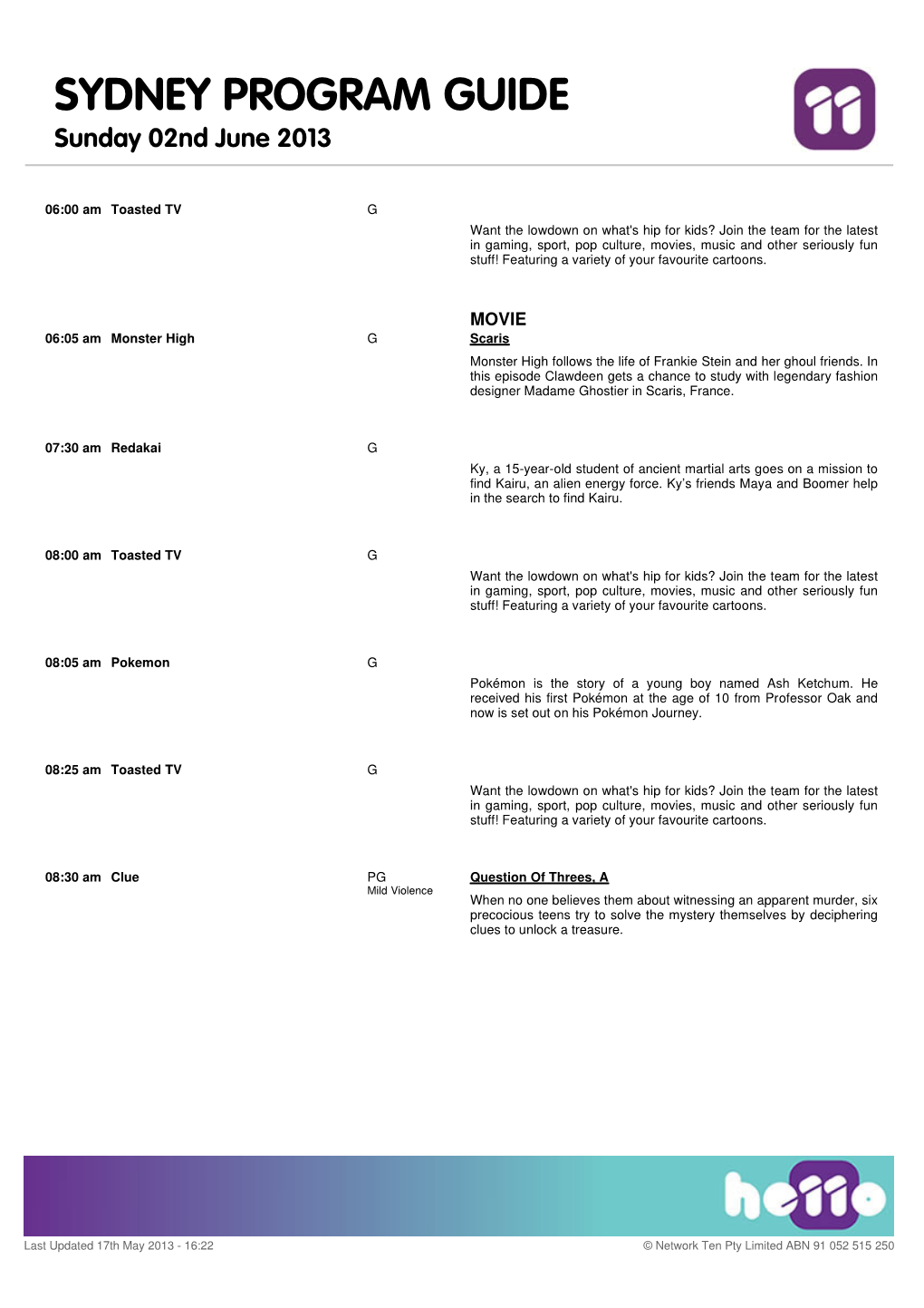 SYDNEY PROGRAM GUIDE Sunday 02Nd June 2013