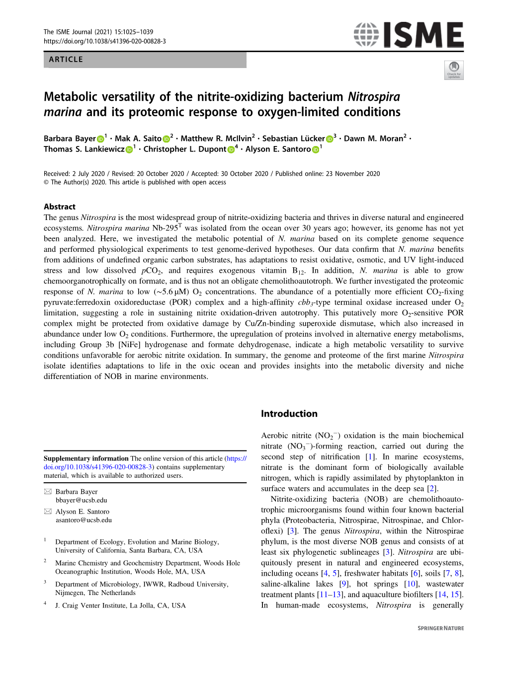 Metabolic Versatility of the Nitrite-Oxidizing Bacterium Nitrospira Marina and Its Proteomic Response to Oxygen-Limited Conditions