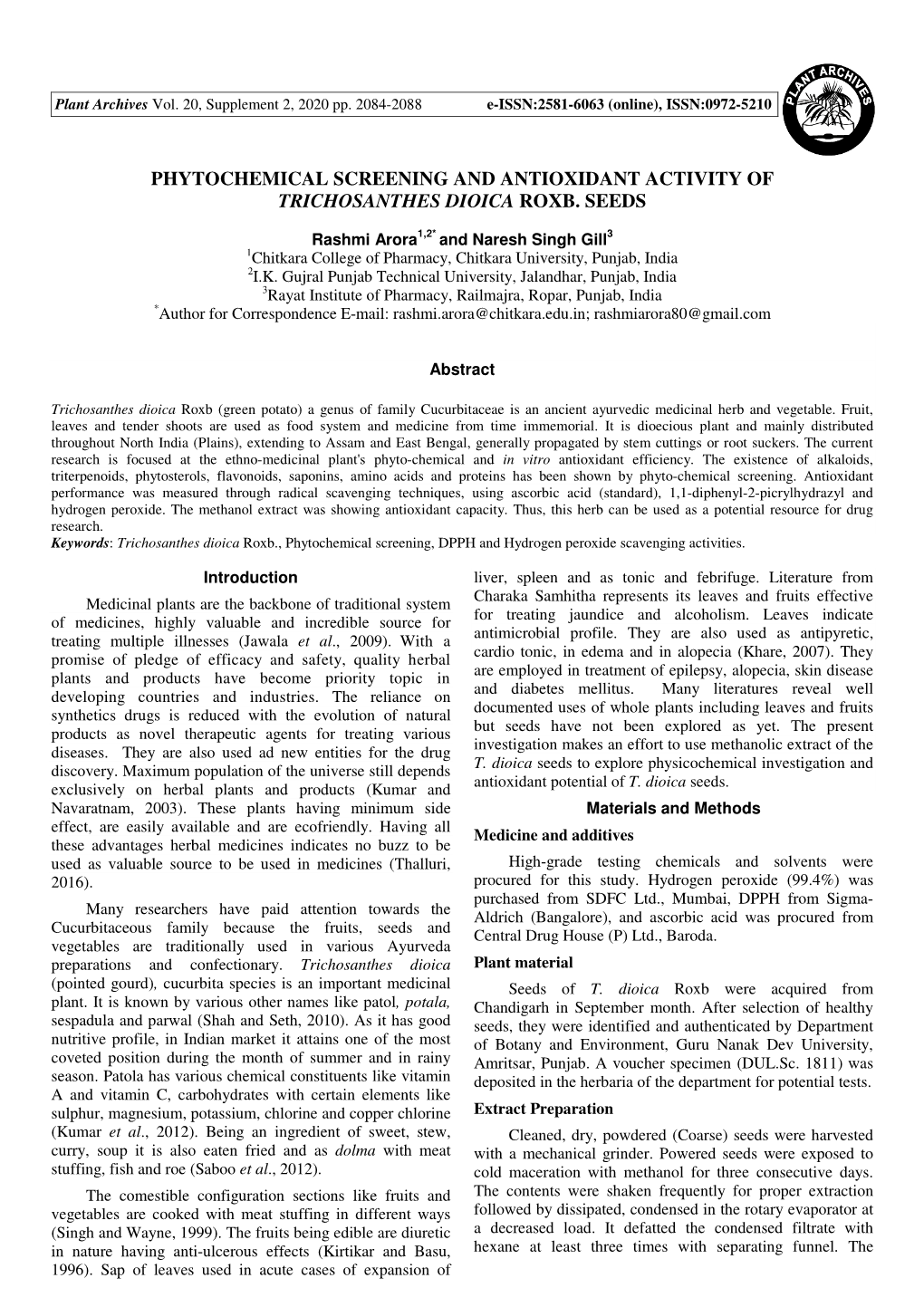 Phytochemical Screening and Antioxidant Activity of Trichosanthes Dioica Roxb