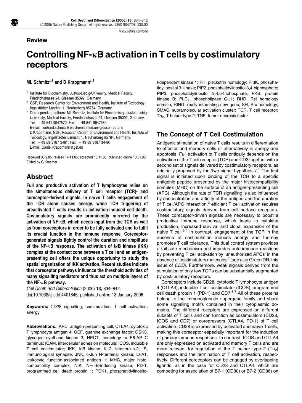 Controlling NF-Jb Activation in T Cells by Costimulatory Receptors