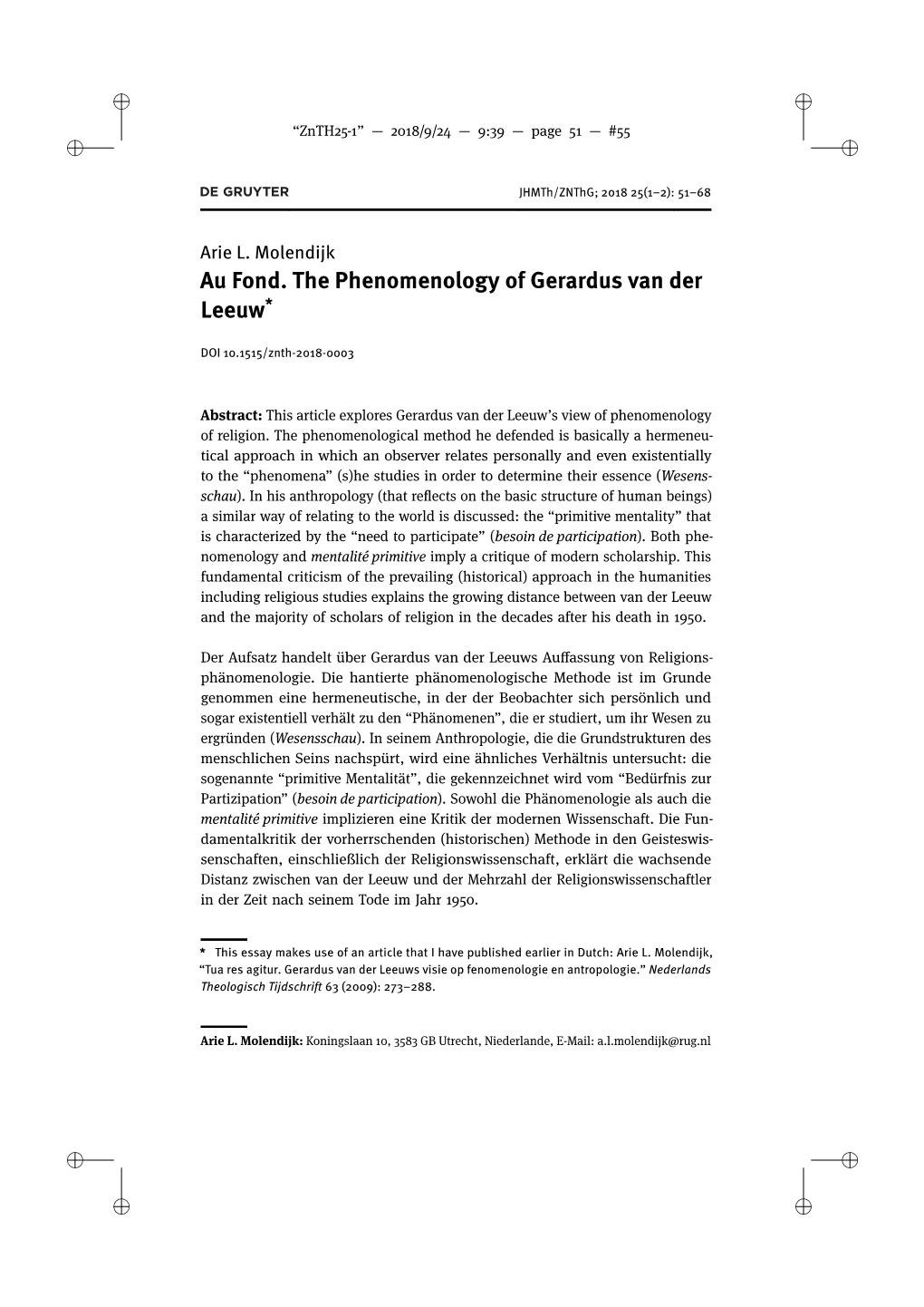 Au Fond. the Phenomenology of Gerardus Van Der Leeuw*