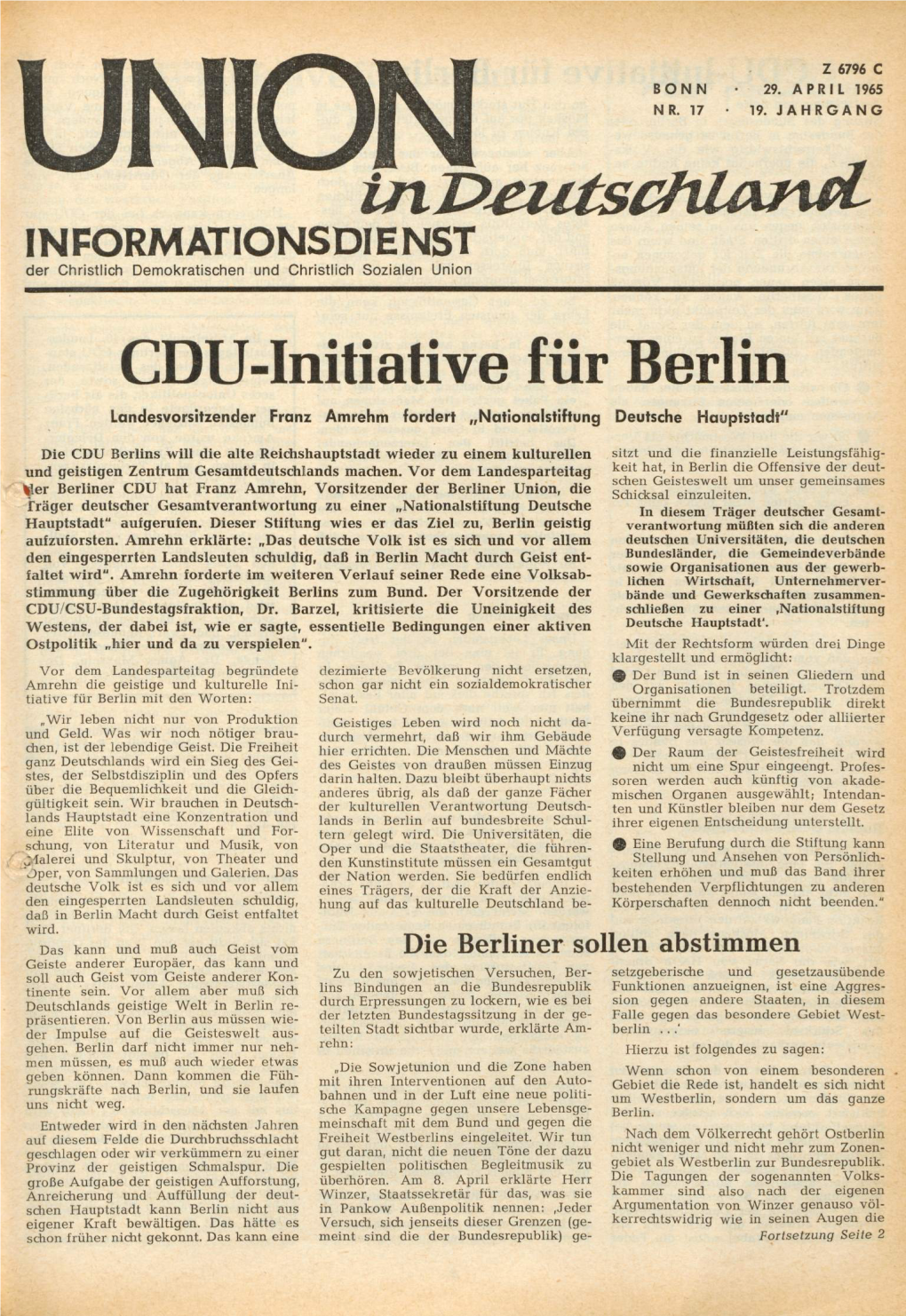 UID Jg. 19 1965 Nr. 17, Union in Deutschland