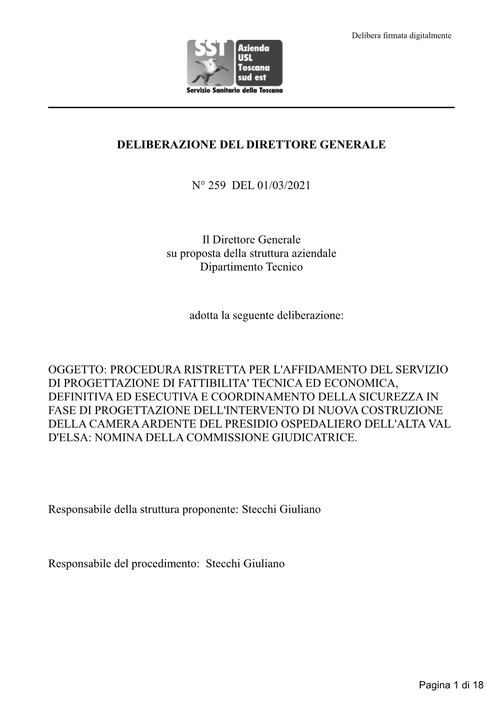 Deliberazione Del Direttore Generale N° 259 Del 01/03