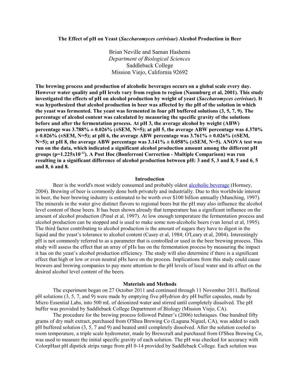 The Effect of Ph on Yeast (Saccharomyces Cerivisae) Alcohol Production in Beer