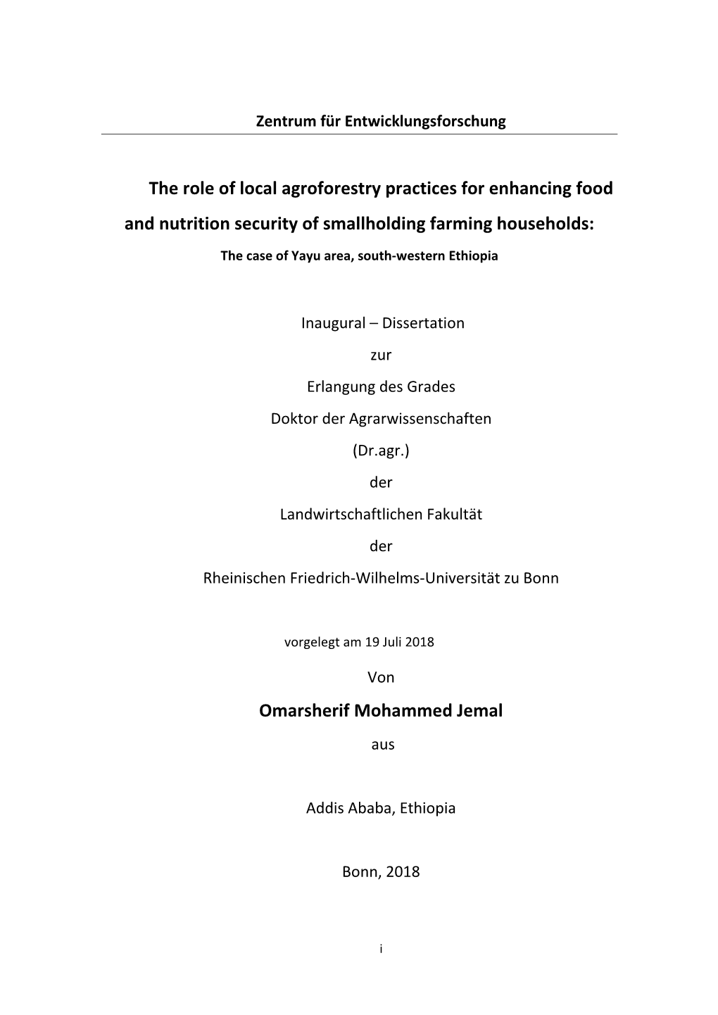 The Role of Local Agroforestry Practices for Enhancing Food and Nutrition Security of Smallholding Farming Households