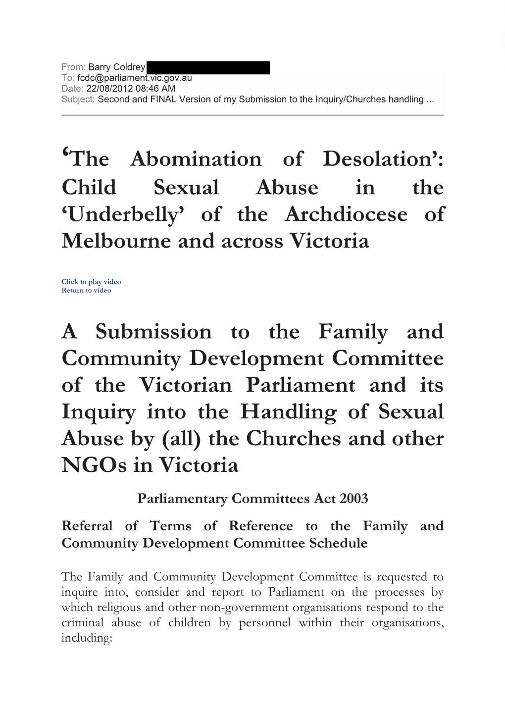 Child Sexual Abuse in the ‘Underbelly’ of the Archdiocese of Melbourne and Across Victoria