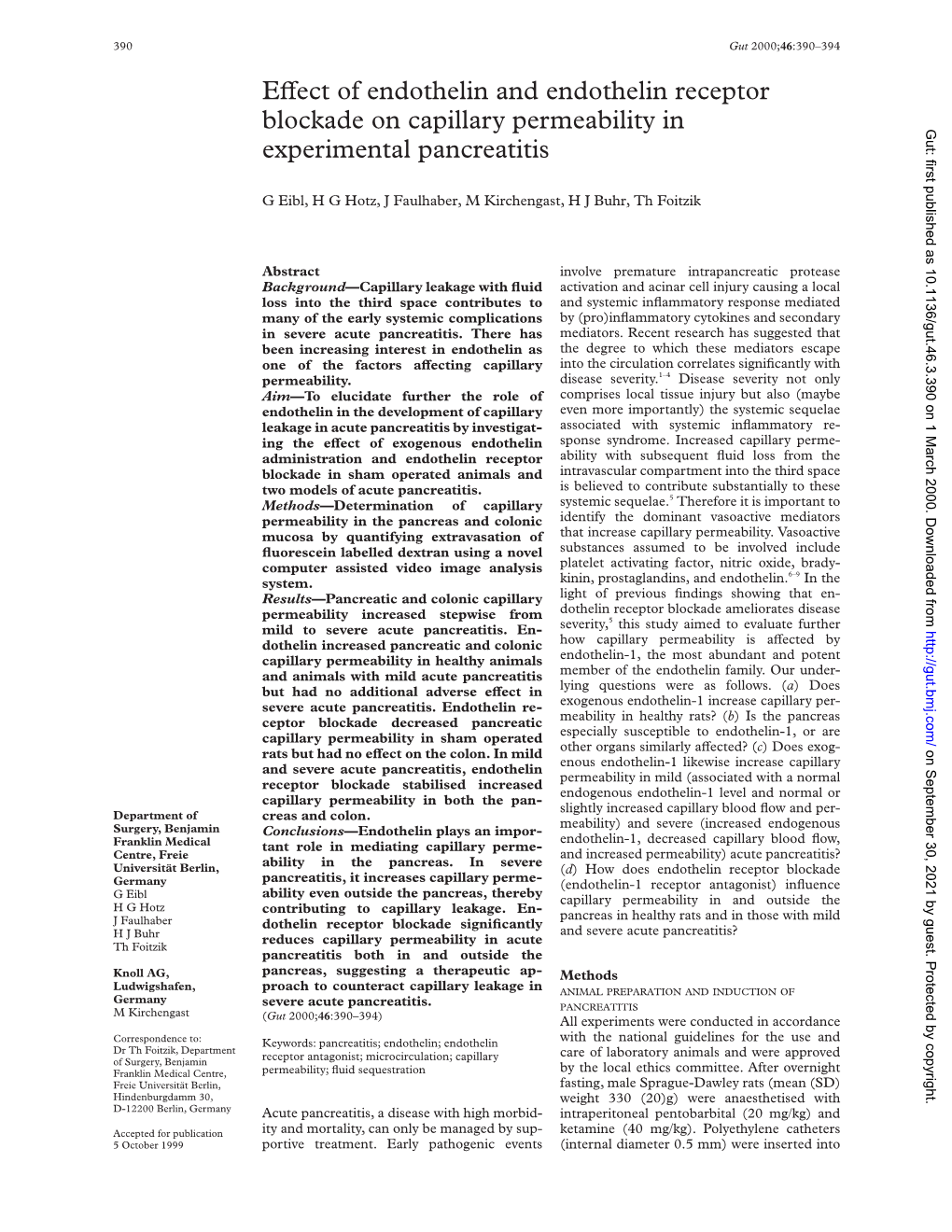 Evect of Endothelin and Endothelin Receptor Blockade on Capillary Permeability in Experimental Pancreatitis