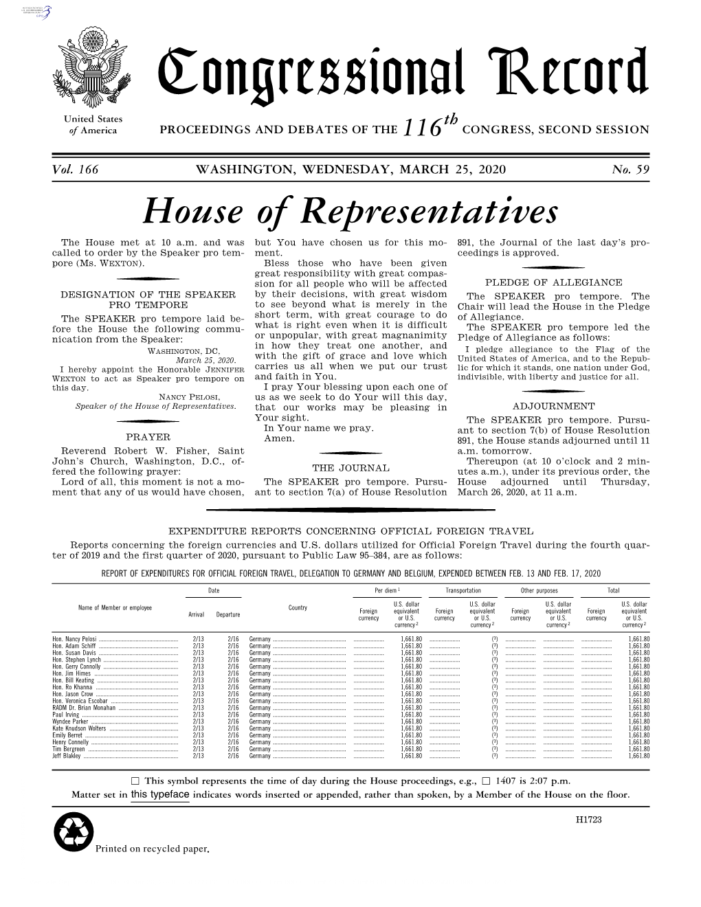 Congressional Record United States Th of America PROCEEDINGS and DEBATES of the 116 CONGRESS, SECOND SESSION