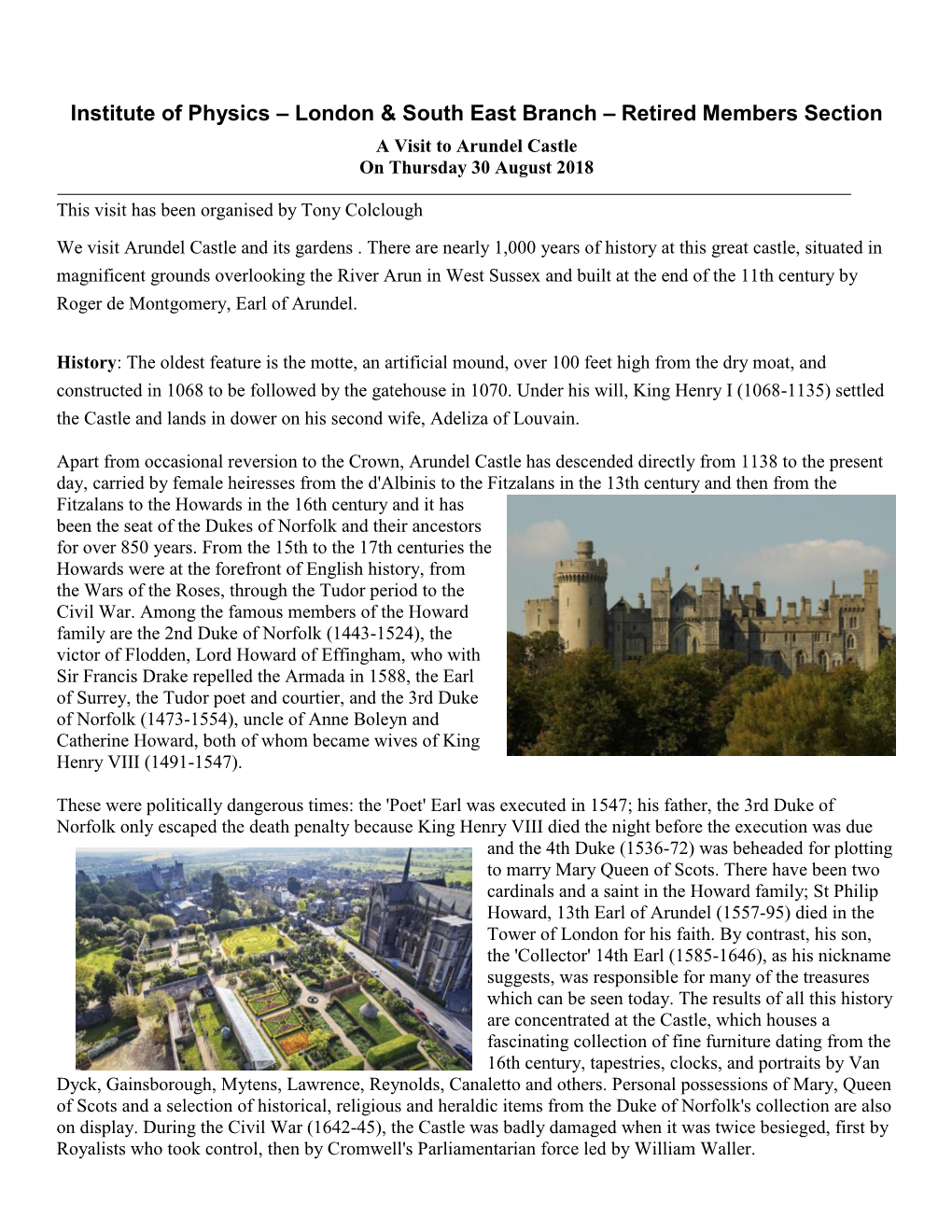 Retired Members Section a Visit to Arundel Castle on Thursday 30 August 2018