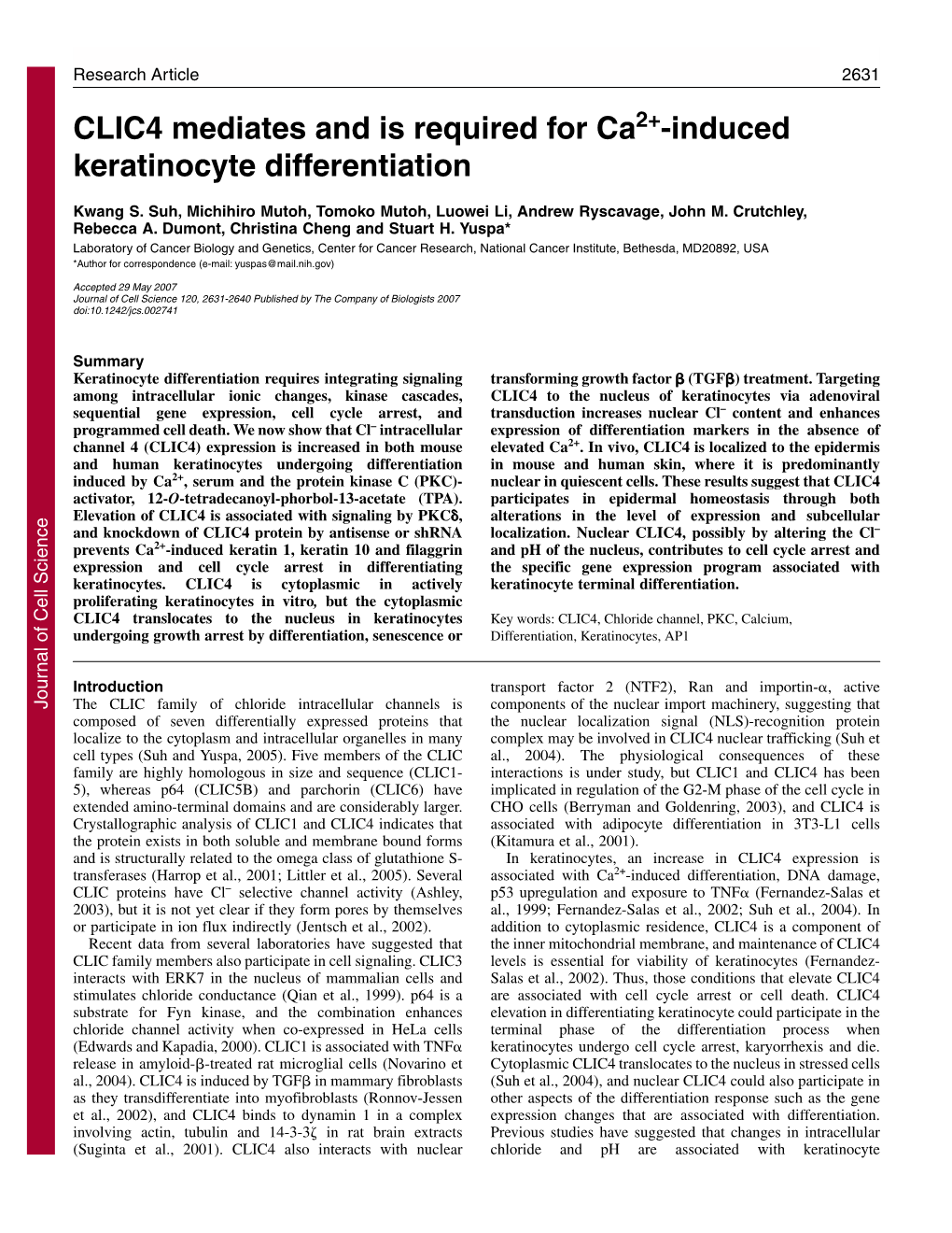 CLIC4 Mediates and Is Required for Ca -Induced Keratinocyte Differentiation