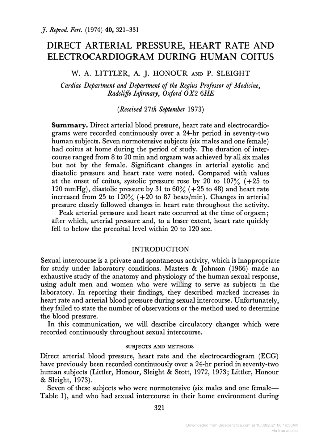 Direct Arterial Pressure, Heart Rate and Electrocardiogram During Human Coitus