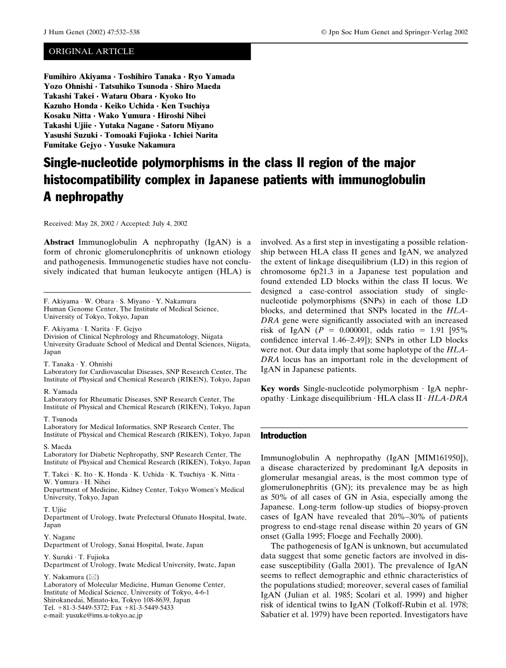Single-Nucleotide Polymorphisms in the Class II Region of the Major Histocompatibility Complex in Japanese Patients with Immunoglobulin a Nephropathy