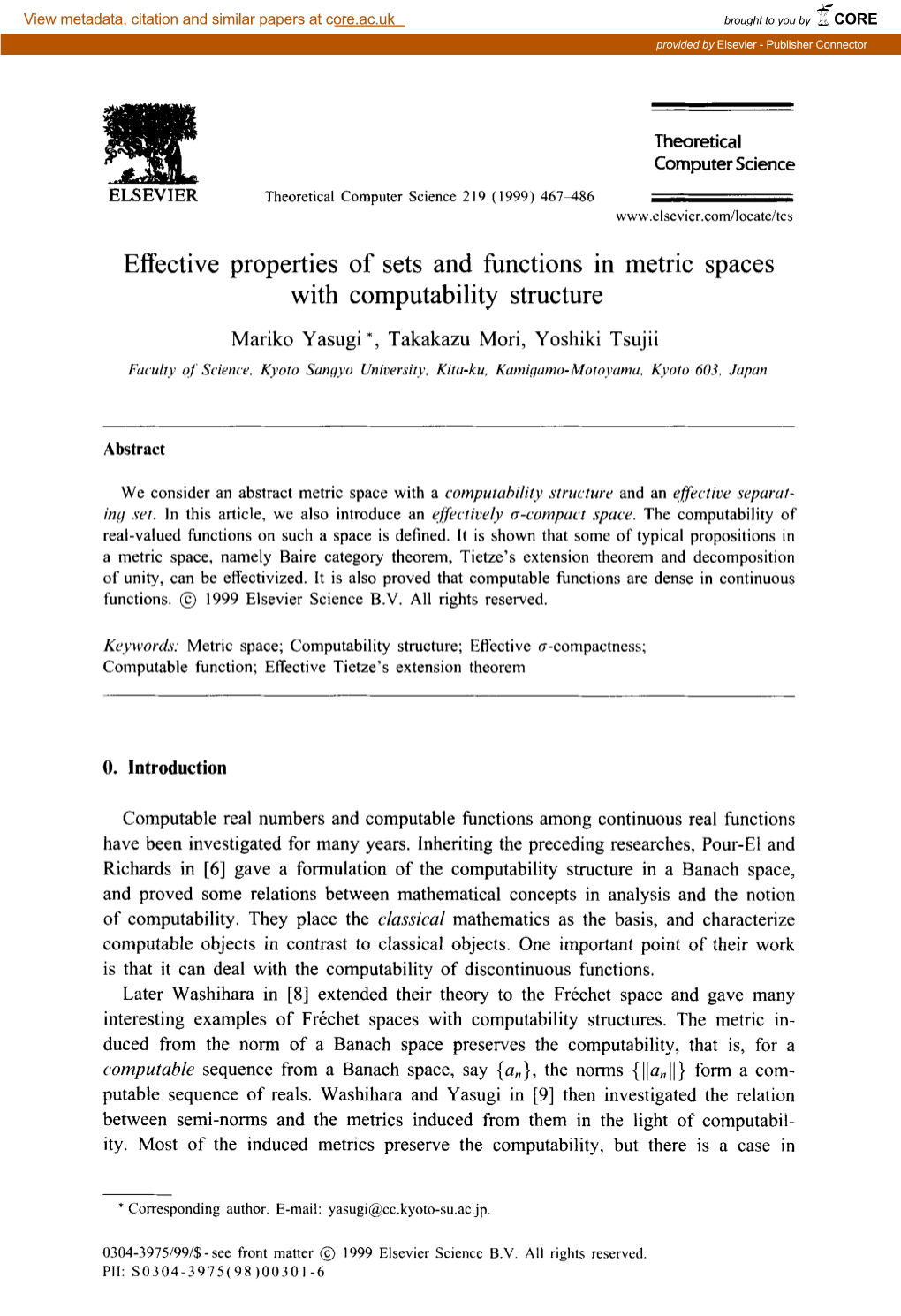 Effective Properties of Sets and Functions in Metric Spaces with Computability Structure