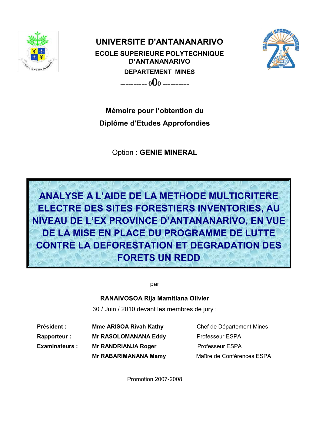 Universite D'antananarivo Ecole Superieure Polytechnique D’Antananarivo Departement Mines ------000