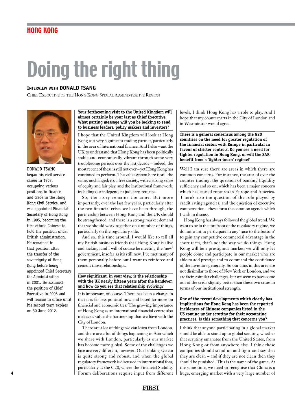 Doing the Right Thing Interview with Donald Tsang Chief Executive of the Hong Kong Special Administrative Region