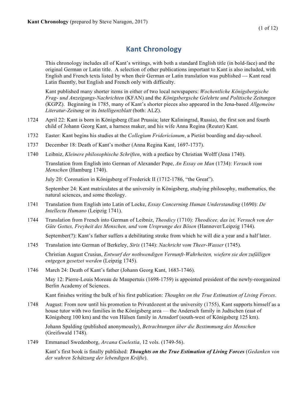 Kant Chronology (Prepared by Steve Naragon, 2017) (1 of 12)