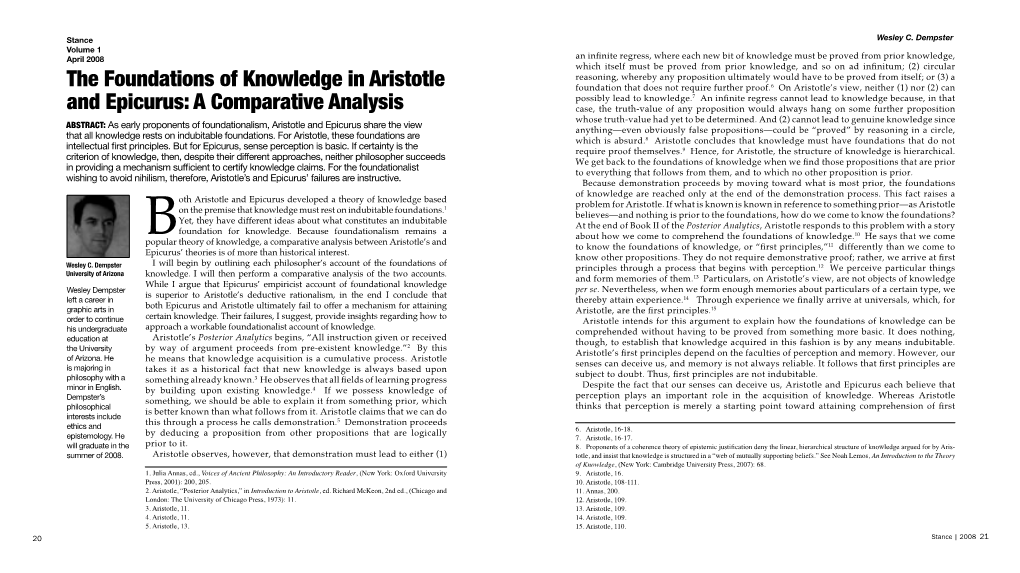 The Foundations of Knowledge in Aristotle and Epicurus: a Comparative Analysis Wesley C