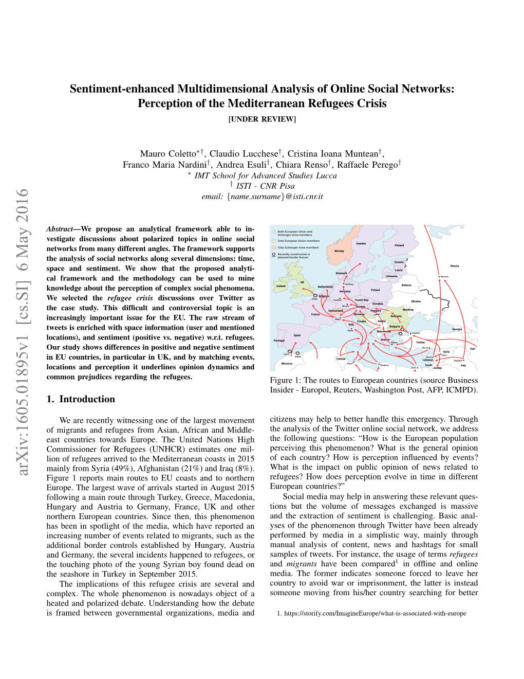 Arxiv:1605.01895V1 [Cs.SI] 6 May 2016 Figure 1 Reports Main Routes to EU Coasts and to Northern Refugees? How Does Perception Evolve in Time in Different Europe