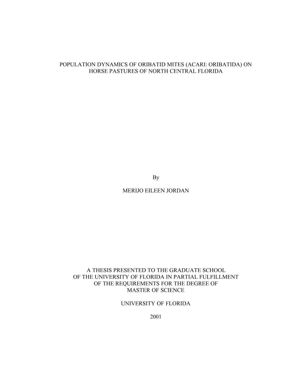 Population Dynamics of Oribatid Mites (Acari: Oribatida) on Horse Pastures of North Central Florida