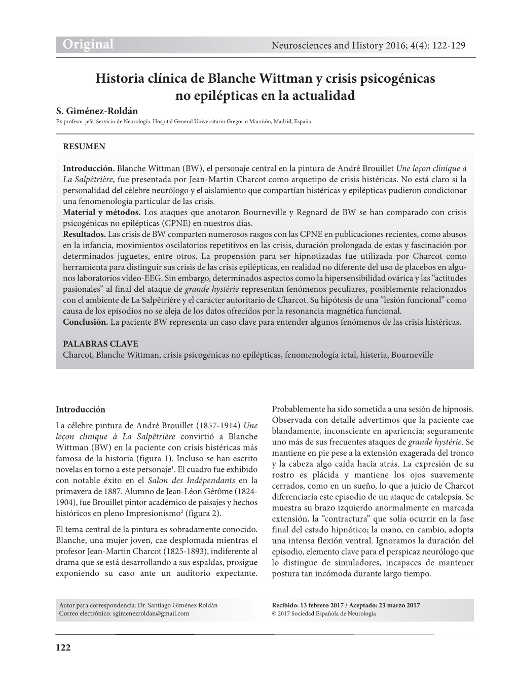 Historia Clínica De Blanche Wittman Y Crisis Psicogénicas No Epilépticas En La Actualidad S