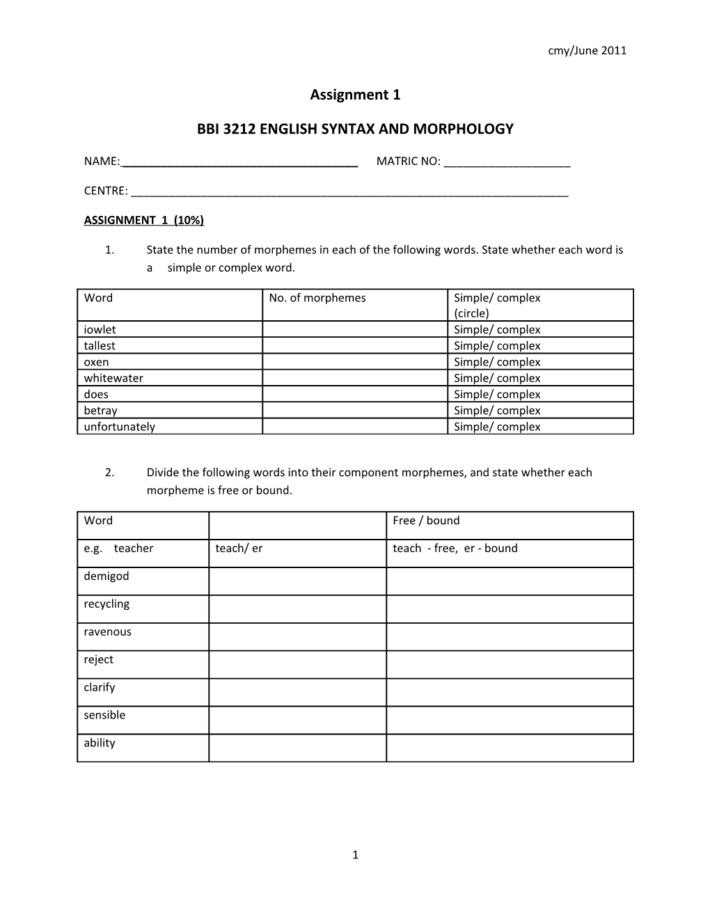 Bbi 3212 English Syntax and Morphology