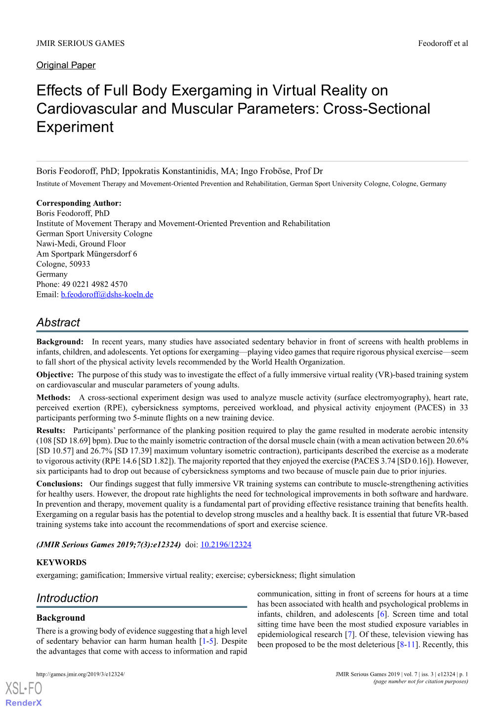 Effects of Full Body Exergaming in Virtual Reality on Cardiovascular and Muscular Parameters: Cross-Sectional Experiment