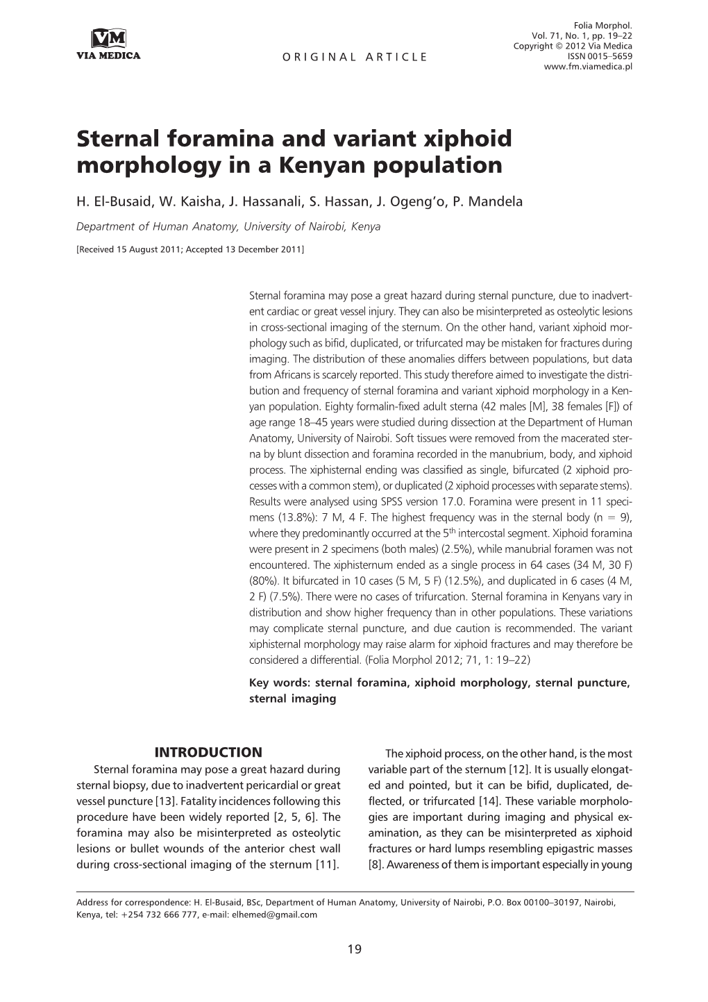 Sternal Foramina and Variant Xiphoid Morphology in a Kenyan Population