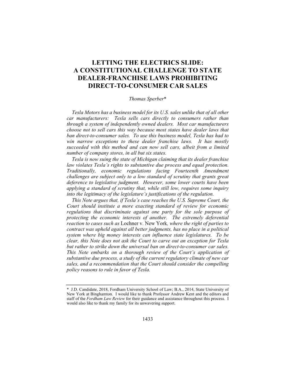 A Constitutional Challenge to State Dealer-Franchise Laws Prohibiting Direct-To-Consumer Car Sales