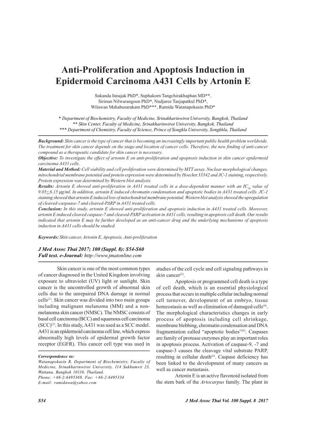 Anti-Proliferation and Apoptosis Induction in Epidermoid Carcinoma A431 Cells by Artonin E