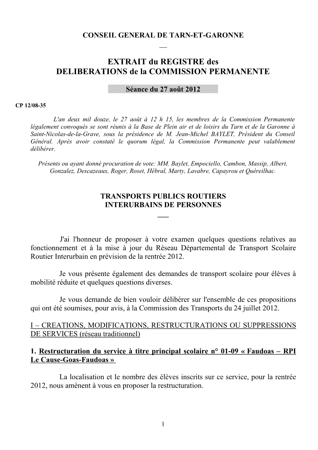 EXTRAIT Du REGISTRE Des DELIBERATIONS De La COMMISSION PERMANENTE