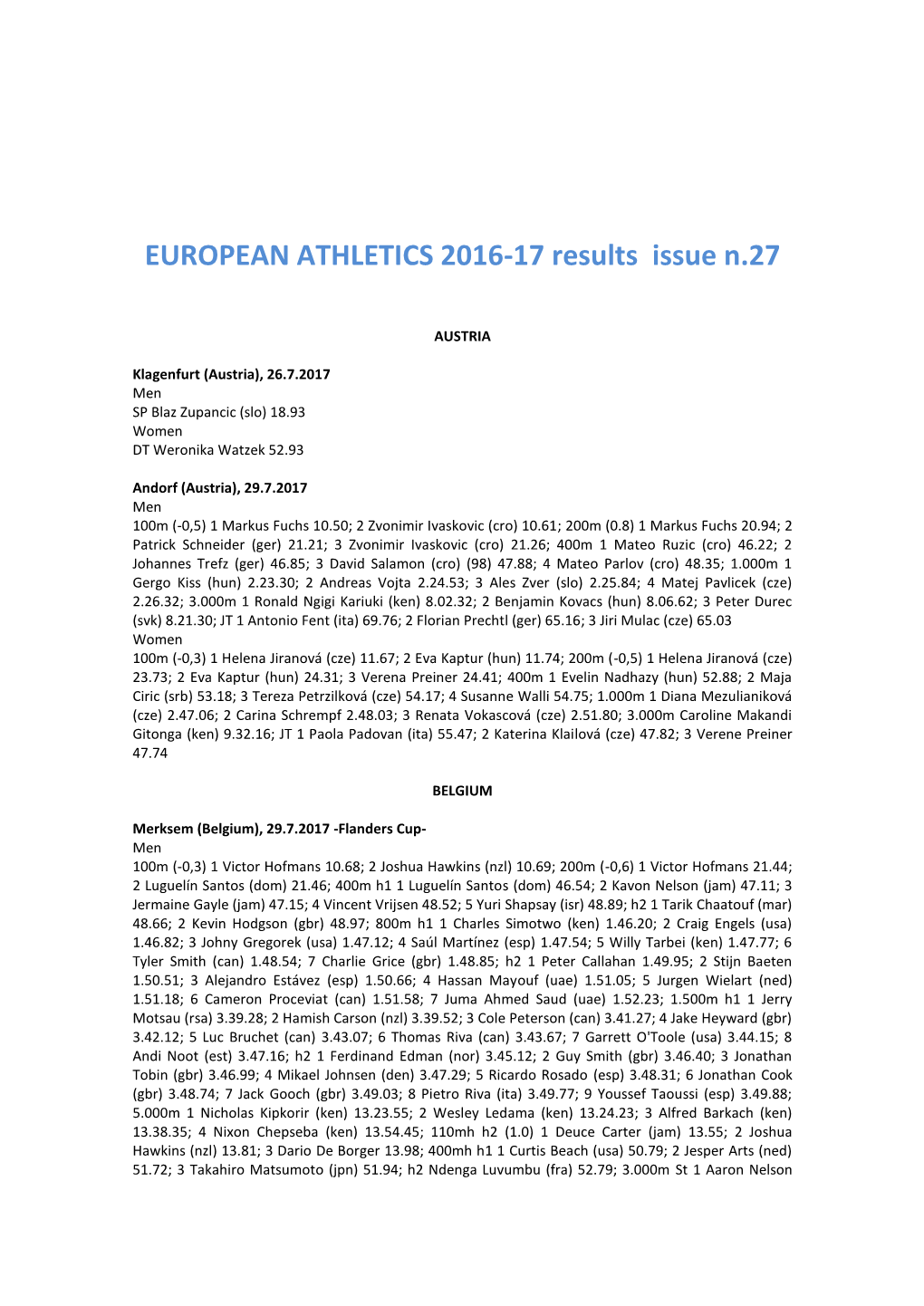 EUROPEAN ATHLETICS 2016-17 Results Issue N.27