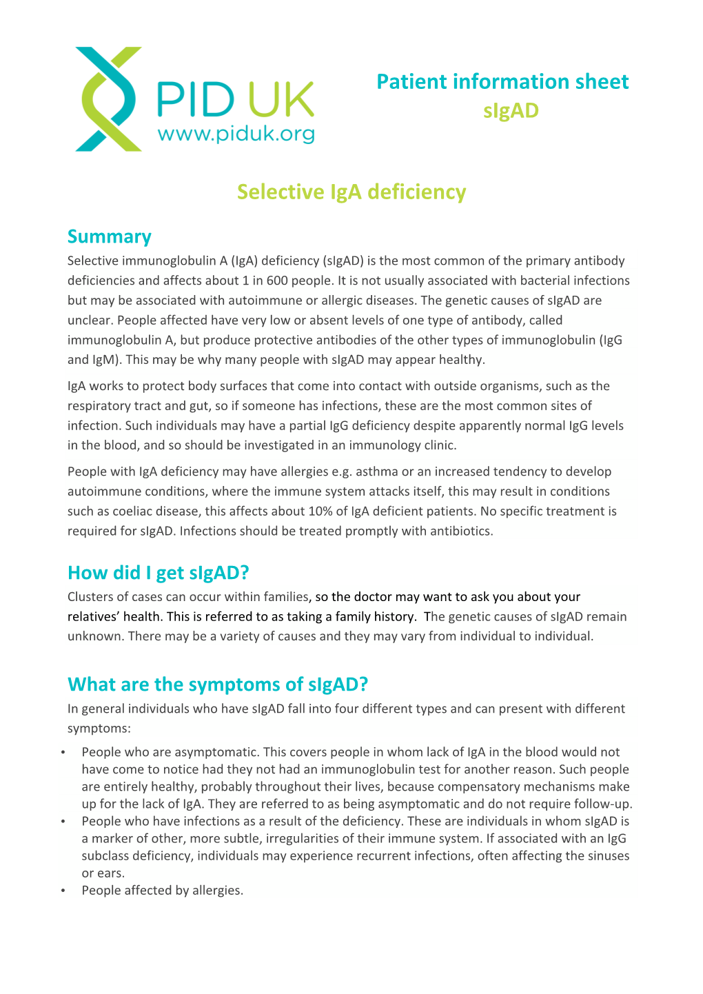 Patient Information Sheet Sigad Selective Iga Deficiency