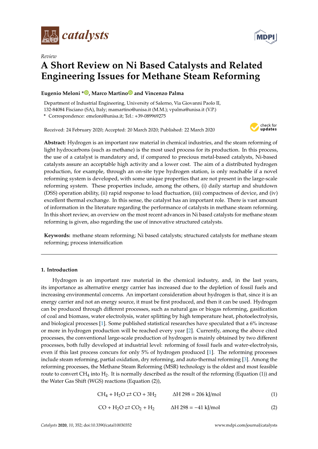 A Short Review on Ni Based Catalysts and Related Engineering Issues for Methane Steam Reforming