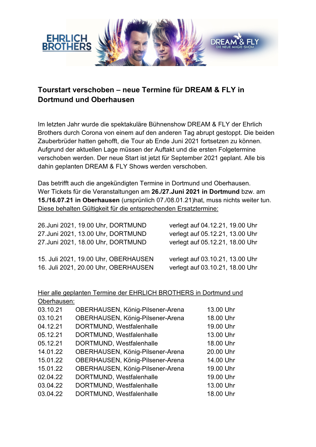 Neue Termine Für DREAM & FLY in Dortmund