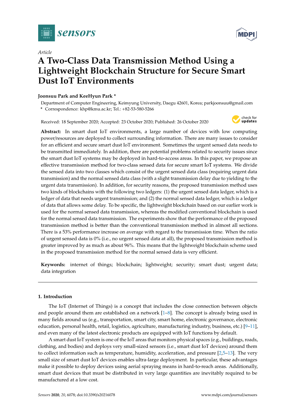 A Two-Class Data Transmission Method Using a Lightweight Blockchain Structure for Secure Smart Dust Iot Environments