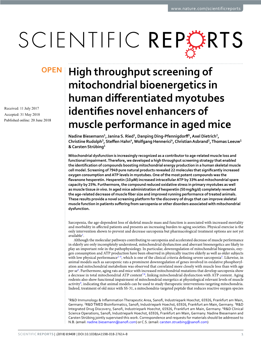 High Throughput Screening of Mitochondrial Bioenergetics in Human Differentiated Myotubes Identifies Novel Enhancers of Muscle P