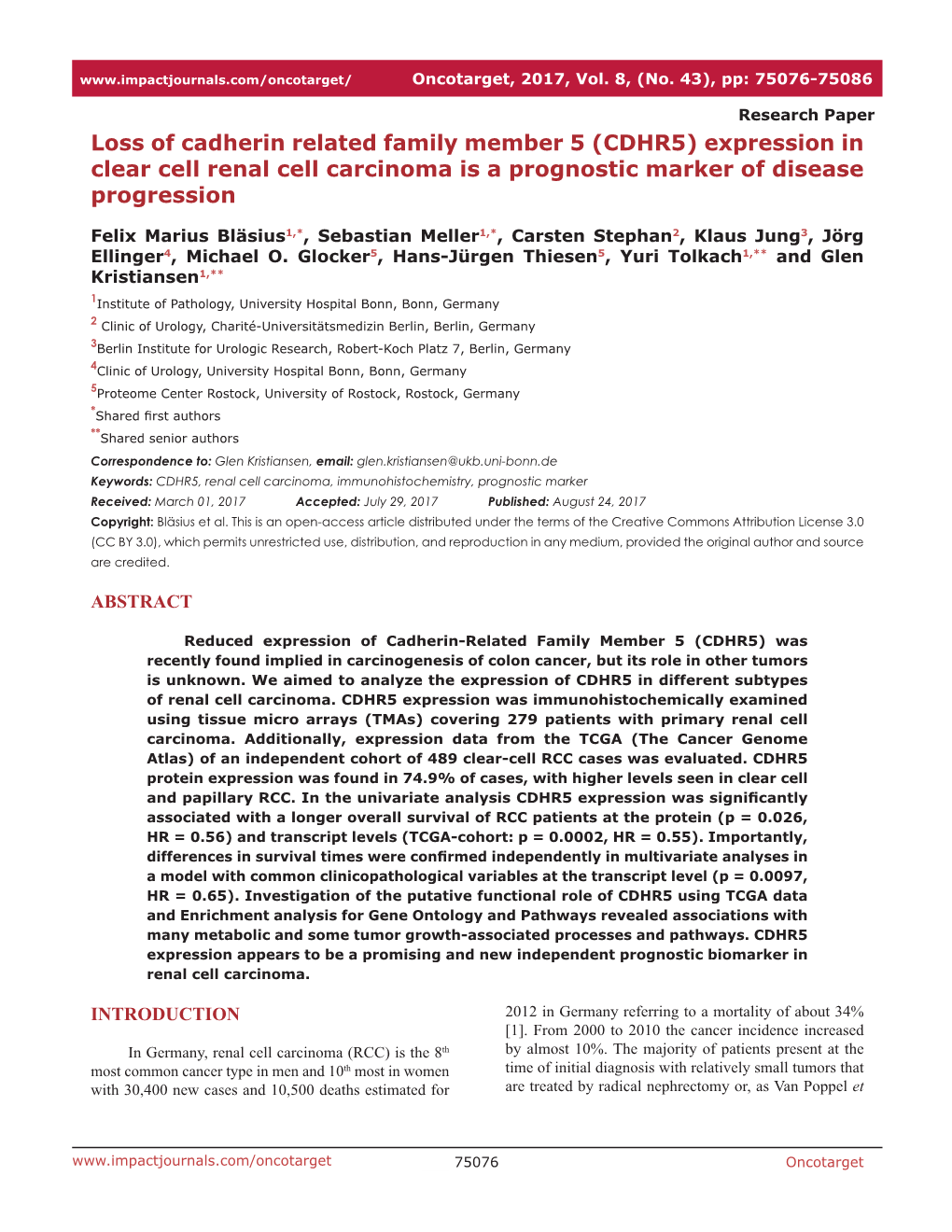 Expression in Clear Cell Renal Cell Carcinoma Is a Prognostic Marker of Disease Progression